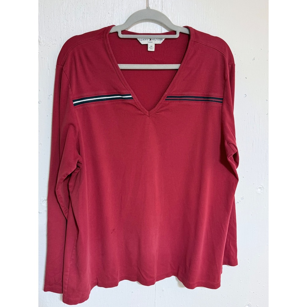 Tommy Hilfiger T-Shirt Women 2X Red Cotton Preppy V-Neck Striped Long Sleeve Tee